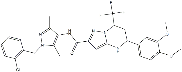 N-[1-(2-chlorobenzyl)-3,5-dimethyl-1H-pyrazol-4-yl]-5-(3,4-dimethoxyphenyl)-7-(trifluoromethyl)-4,5,6,7-tetrahydropyrazolo[1,5-a]pyrimidine-2-carboxamide Struktur