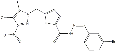 N'-(3-bromobenzylidene)-5-({4-chloro-3-nitro-5-methyl-1H-pyrazol-1-yl}methyl)-2-furohydrazide Struktur