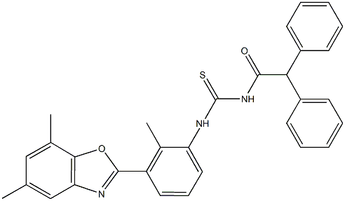 N-[3-(5,7-dimethyl-1,3-benzoxazol-2-yl)-2-methylphenyl]-N'-(diphenylacetyl)thiourea Struktur