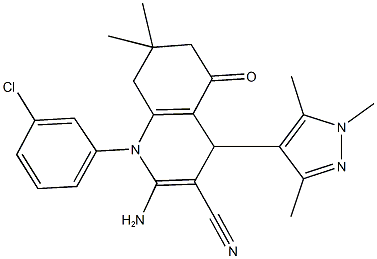 2-amino-1-(3-chlorophenyl)-7,7-dimethyl-5-oxo-4-(1,3,5-trimethyl-1H-pyrazol-4-yl)-1,4,5,6,7,8-hexahydroquinoline-3-carbonitrile Struktur