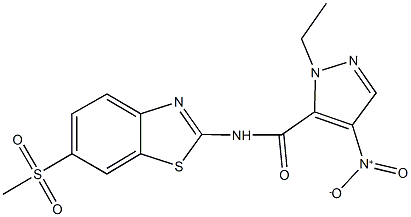 1-ethyl-4-nitro-N-[6-(methylsulfonyl)-1,3-benzothiazol-2-yl]-1H-pyrazole-5-carboxamide Struktur