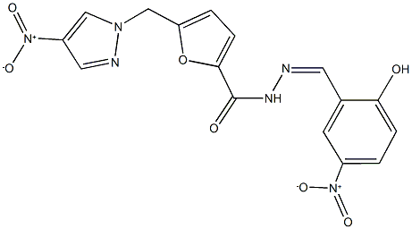 N'-{2-hydroxy-5-nitrobenzylidene}-5-({4-nitro-1H-pyrazol-1-yl}methyl)-2-furohydrazide Struktur