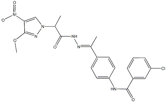 3-chloro-N-{4-[N-(2-{4-nitro-3-methoxy-1H-pyrazol-1-yl}propanoyl)ethanehydrazonoyl]phenyl}benzamide Struktur