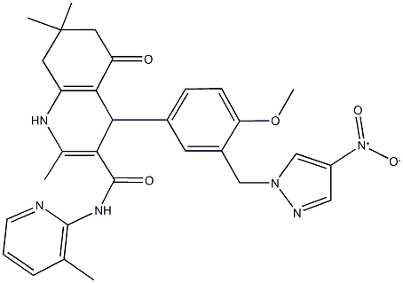 4-[3-({4-nitro-1H-pyrazol-1-yl}methyl)-4-methoxyphenyl]-2,7,7-trimethyl-N-(3-methyl-2-pyridinyl)-5-oxo-1,4,5,6,7,8-hexahydro-3-quinolinecarboxamide Struktur