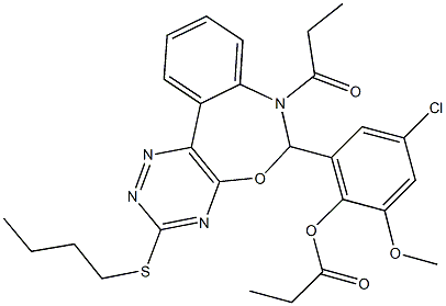 2-[3-(butylsulfanyl)-7-propionyl-6,7-dihydro[1,2,4]triazino[5,6-d][3,1]benzoxazepin-6-yl]-4-chloro-6-methoxyphenyl propionate Struktur