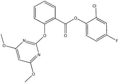 2-chloro-4-fluorophenyl 2-[(4,6-dimethoxypyrimidin-2-yl)oxy]benzoate Struktur