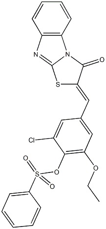 2-chloro-6-ethoxy-4-[(3-oxo[1,3]thiazolo[3,2-a]benzimidazol-2(3H)-ylidene)methyl]phenyl benzenesulfonate Struktur