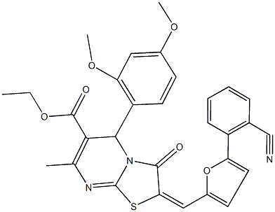 ethyl 2-{[5-(2-cyanophenyl)-2-furyl]methylene}-5-(2,4-dimethoxyphenyl)-7-methyl-3-oxo-2,3-dihydro-5H-[1,3]thiazolo[3,2-a]pyrimidine-6-carboxylate Struktur