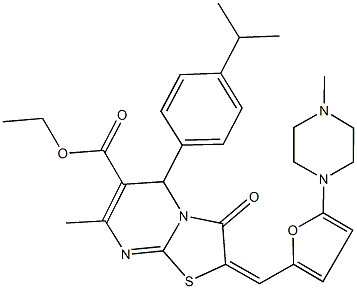 ethyl 5-(4-isopropylphenyl)-7-methyl-2-{[5-(4-methyl-1-piperazinyl)-2-furyl]methylene}-3-oxo-2,3-dihydro-5H-[1,3]thiazolo[3,2-a]pyrimidine-6-carboxylate Struktur