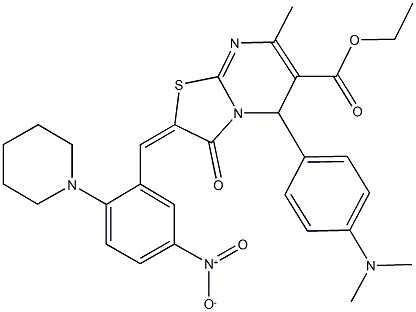 ethyl 5-[4-(dimethylamino)phenyl]-2-[5-nitro-2-(1-piperidinyl)benzylidene]-7-methyl-3-oxo-2,3-dihydro-5H-[1,3]thiazolo[3,2-a]pyrimidine-6-carboxylate Struktur