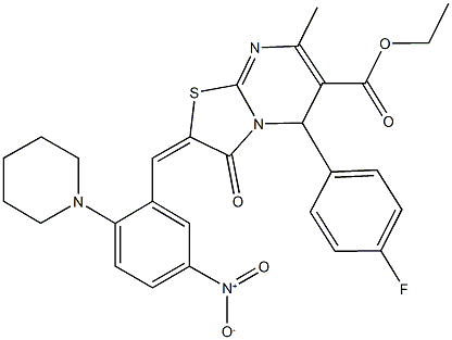 ethyl 5-(4-fluorophenyl)-2-[5-nitro-2-(1-piperidinyl)benzylidene]-7-methyl-3-oxo-2,3-dihydro-5H-[1,3]thiazolo[3,2-a]pyrimidine-6-carboxylate Struktur