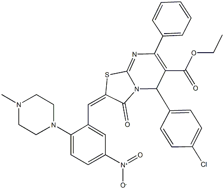 ethyl 5-(4-chlorophenyl)-2-[5-nitro-2-(4-methyl-1-piperazinyl)benzylidene]-3-oxo-7-phenyl-2,3-dihydro-5H-[1,3]thiazolo[3,2-a]pyrimidine-6-carboxylate Struktur