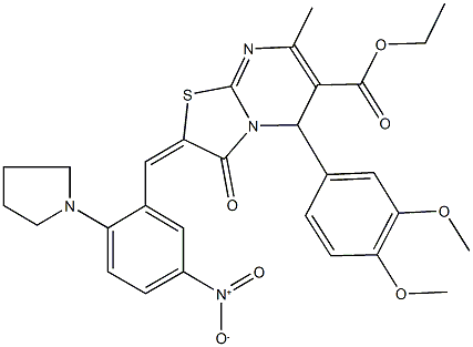 ethyl 5-(3,4-dimethoxyphenyl)-2-[5-nitro-2-(1-pyrrolidinyl)benzylidene]-7-methyl-3-oxo-2,3-dihydro-5H-[1,3]thiazolo[3,2-a]pyrimidine-6-carboxylate Struktur