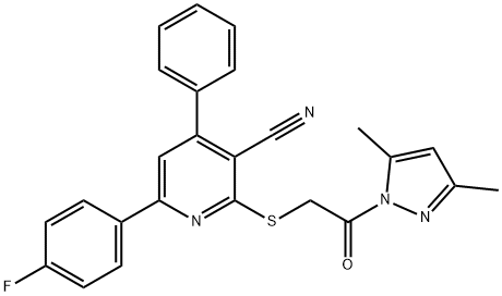 2-{[2-(3,5-dimethyl-1H-pyrazol-1-yl)-2-oxoethyl]sulfanyl}-6-(4-fluorophenyl)-4-phenylnicotinonitrile Struktur