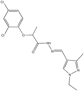 2-(2,4-dichlorophenoxy)-N'-[(1-ethyl-3-methyl-1H-pyrazol-4-yl)methylene]propanohydrazide Struktur