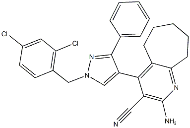 2-amino-4-[1-(2,4-dichlorobenzyl)-3-phenyl-1H-pyrazol-4-yl]-6,7,8,9-tetrahydro-5H-cyclohepta[b]pyridine-3-carbonitrile Struktur