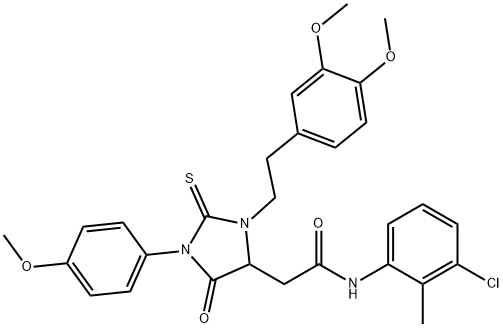 N-(3-chloro-2-methylphenyl)-2-[3-[2-(3,4-dimethoxyphenyl)ethyl]-1-(4-methoxyphenyl)-5-oxo-2-thioxo-4-imidazolidinyl]acetamide Struktur