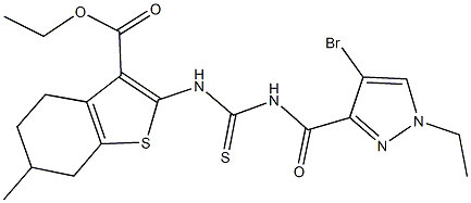 ethyl 2-[({[(4-bromo-1-ethyl-1H-pyrazol-3-yl)carbonyl]amino}carbothioyl)amino]-6-methyl-4,5,6,7-tetrahydro-1-benzothiophene-3-carboxylate Struktur