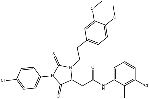 N-(3-chloro-2-methylphenyl)-2-{1-(4-chlorophenyl)-3-[2-(3,4-dimethoxyphenyl)ethyl]-5-oxo-2-thioxo-4-imidazolidinyl}acetamide Struktur