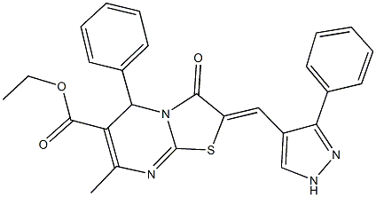 ethyl 7-methyl-3-oxo-5-phenyl-2-[(3-phenyl-1H-pyrazol-4-yl)methylene]-2,3-dihydro-5H-[1,3]thiazolo[3,2-a]pyrimidine-6-carboxylate Struktur