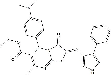 ethyl 5-[4-(dimethylamino)phenyl]-7-methyl-3-oxo-2-[(3-phenyl-1H-pyrazol-4-yl)methylene]-2,3-dihydro-5H-[1,3]thiazolo[3,2-a]pyrimidine-6-carboxylate Struktur