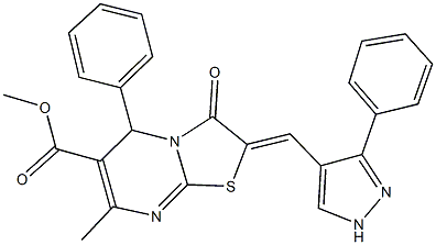 methyl 7-methyl-3-oxo-5-phenyl-2-[(3-phenyl-1H-pyrazol-4-yl)methylene]-2,3-dihydro-5H-[1,3]thiazolo[3,2-a]pyrimidine-6-carboxylate Struktur