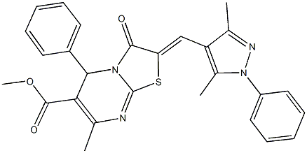 methyl 2-[(3,5-dimethyl-1-phenyl-1H-pyrazol-4-yl)methylene]-7-methyl-3-oxo-5-phenyl-2,3-dihydro-5H-[1,3]thiazolo[3,2-a]pyrimidine-6-carboxylate Struktur