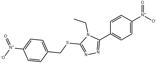 4-ethyl-3-({4-nitrobenzyl}sulfanyl)-5-{4-nitrophenyl}-4H-1,2,4-triazole Struktur