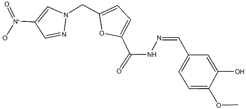 N'-(3-hydroxy-4-methoxybenzylidene)-5-({4-nitro-1H-pyrazol-1-yl}methyl)-2-furohydrazide Struktur