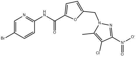 N-(5-bromo-2-pyridinyl)-5-({4-chloro-3-nitro-5-methyl-1H-pyrazol-1-yl}methyl)-2-furamide Struktur