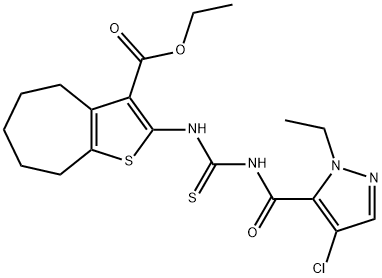 ethyl 2-[({[(4-chloro-1-ethyl-1H-pyrazol-5-yl)carbonyl]amino}carbothioyl)amino]-5,6,7,8-tetrahydro-4H-cyclohepta[b]thiophene-3-carboxylate Struktur