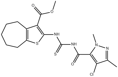 methyl 2-[({[(4-chloro-1,3-dimethyl-1H-pyrazol-5-yl)carbonyl]amino}carbothioyl)amino]-5,6,7,8-tetrahydro-4H-cyclohepta[b]thiophene-3-carboxylate Struktur