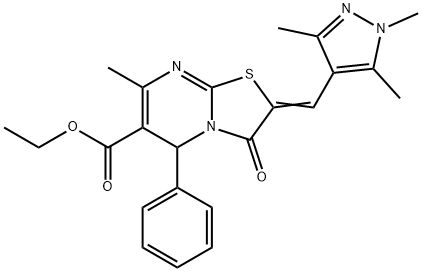 ethyl 7-methyl-3-oxo-5-phenyl-2-[(1,3,5-trimethyl-1H-pyrazol-4-yl)methylene]-2,3-dihydro-5H-[1,3]thiazolo[3,2-a]pyrimidine-6-carboxylate Struktur