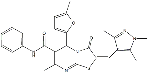 7-methyl-5-(5-methyl-2-furyl)-3-oxo-N-phenyl-2-[(1,3,5-trimethyl-1H-pyrazol-4-yl)methylene]-2,3-dihydro-5H-[1,3]thiazolo[3,2-a]pyrimidine-6-carboxamide Struktur