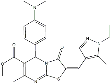 methyl 5-[4-(dimethylamino)phenyl]-2-[(1-ethyl-5-methyl-1H-pyrazol-4-yl)methylene]-7-methyl-3-oxo-2,3-dihydro-5H-[1,3]thiazolo[3,2-a]pyrimidine-6-carboxylate Struktur