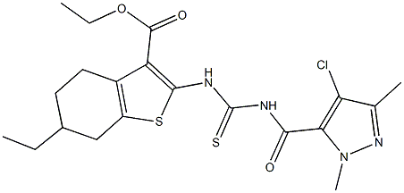 ethyl 2-[({[(4-chloro-1,3-dimethyl-1H-pyrazol-5-yl)carbonyl]amino}carbothioyl)amino]-6-ethyl-4,5,6,7-tetrahydro-1-benzothiophene-3-carboxylate Struktur