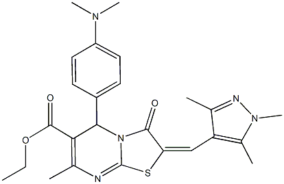 ethyl 5-[4-(dimethylamino)phenyl]-7-methyl-3-oxo-2-[(1,3,5-trimethyl-1H-pyrazol-4-yl)methylene]-2,3-dihydro-5H-[1,3]thiazolo[3,2-a]pyrimidine-6-carboxylate Struktur