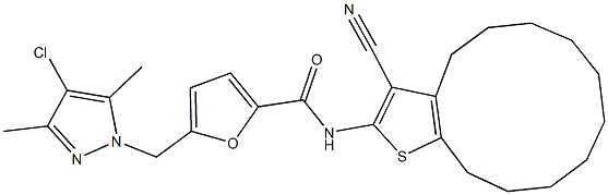 5-[(4-chloro-3,5-dimethyl-1H-pyrazol-1-yl)methyl]-N-(3-cyano-4,5,6,7,8,9,10,11,12,13-decahydrocyclododeca[b]thien-2-yl)-2-furamide Struktur