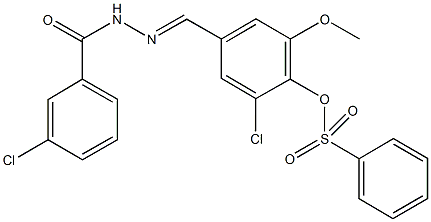 2-chloro-4-[2-(3-chlorobenzoyl)carbohydrazonoyl]-6-methoxyphenyl benzenesulfonate Struktur