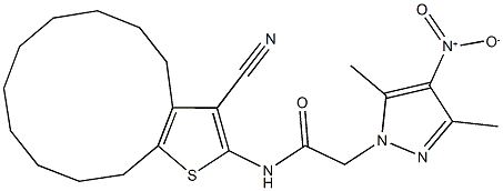 N-(3-cyano-4,5,6,7,8,9,10,11,12,13-decahydrocyclododeca[b]thien-2-yl)-2-{4-nitro-3,5-dimethyl-1H-pyrazol-1-yl}acetamide Struktur