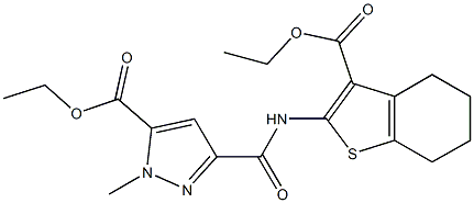 ethyl 3-({[3-(ethoxycarbonyl)-4,5,6,7-tetrahydro-1-benzothien-2-yl]amino}carbonyl)-1-methyl-1H-pyrazole-5-carboxylate Struktur