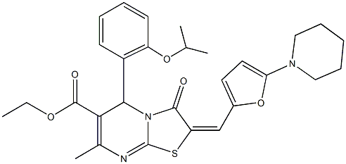 ethyl 5-(2-isopropoxyphenyl)-7-methyl-3-oxo-2-{[5-(1-piperidinyl)-2-furyl]methylene}-2,3-dihydro-5H-[1,3]thiazolo[3,2-a]pyrimidine-6-carboxylate Struktur