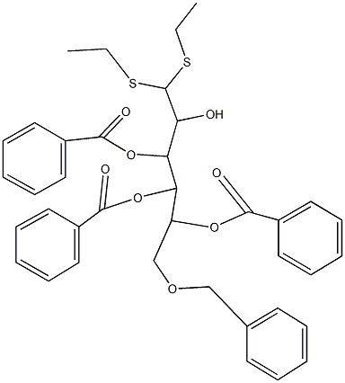 2-(benzoyloxy)-1-[1-(benzoyloxy)-2-(benzyloxy)ethyl]-4,4-bis(ethylsulfanyl)-3-hydroxybutyl benzoate Struktur