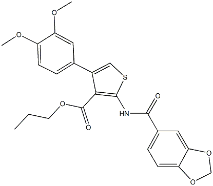 propyl 2-[(1,3-benzodioxol-5-ylcarbonyl)amino]-4-(3,4-dimethoxyphenyl)thiophene-3-carboxylate Struktur