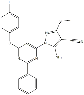 5-amino-1-[6-(4-fluorophenoxy)-2-phenyl-4-pyrimidinyl]-3-(methylsulfanyl)-1H-pyrazole-4-carbonitrile Struktur