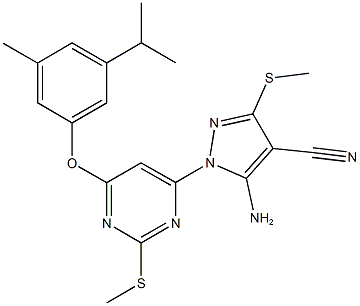 5-amino-1-[6-(3-isopropyl-5-methylphenoxy)-2-(methylsulfanyl)-4-pyrimidinyl]-3-(methylsulfanyl)-1H-pyrazole-4-carbonitrile Struktur