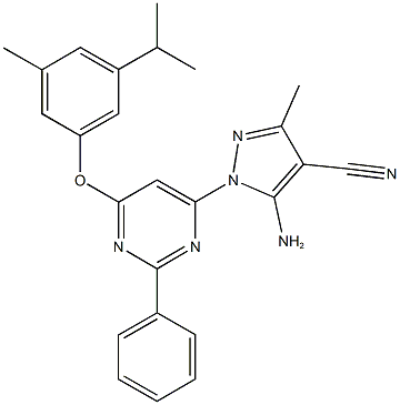 5-amino-1-[6-(3-isopropyl-5-methylphenoxy)-2-phenyl-4-pyrimidinyl]-3-methyl-1H-pyrazole-4-carbonitrile Struktur