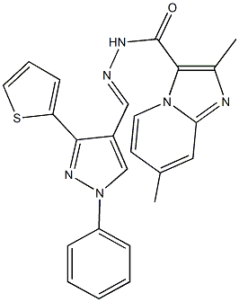 2,7-dimethyl-N'-{[1-phenyl-3-(2-thienyl)-1H-pyrazol-4-yl]methylene}imidazo[1,2-a]pyridine-3-carbohydrazide Struktur