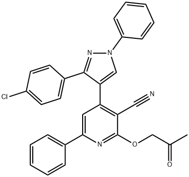 4-[3-(4-chlorophenyl)-1-phenyl-1H-pyrazol-4-yl]-2-(2-oxopropoxy)-6-phenylnicotinonitrile Struktur