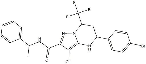 5-(4-bromophenyl)-3-chloro-N-(1-phenylethyl)-7-(trifluoromethyl)-4,5,6,7-tetrahydropyrazolo[1,5-a]pyrimidine-2-carboxamide Struktur